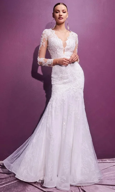 Cinderella Divine Bridals - CD951W Embroidered Long Sleeve Long Gown