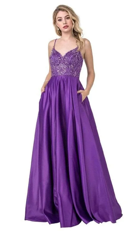 Trevi Collection - L2454 Beaded Satin A-Line Dress