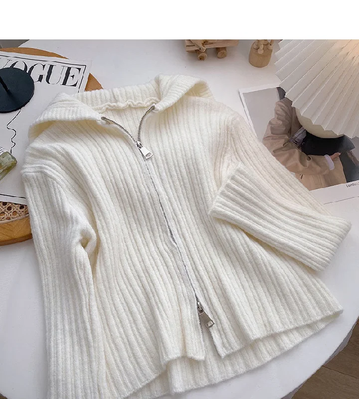 Cardigan hooded knitted coat casual solid color short top fashion  6680