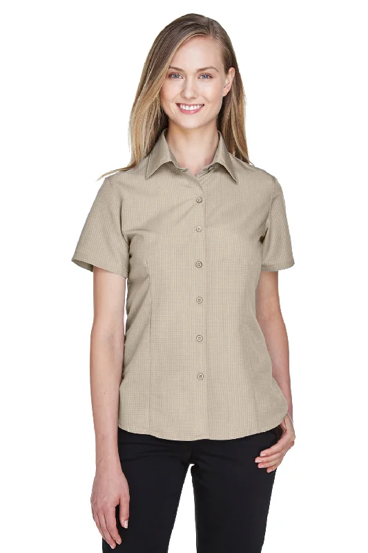 Harriton Womens Barbados Wrinkle Resistant Short Sleeve Button Down Camp Shirt - Khaki