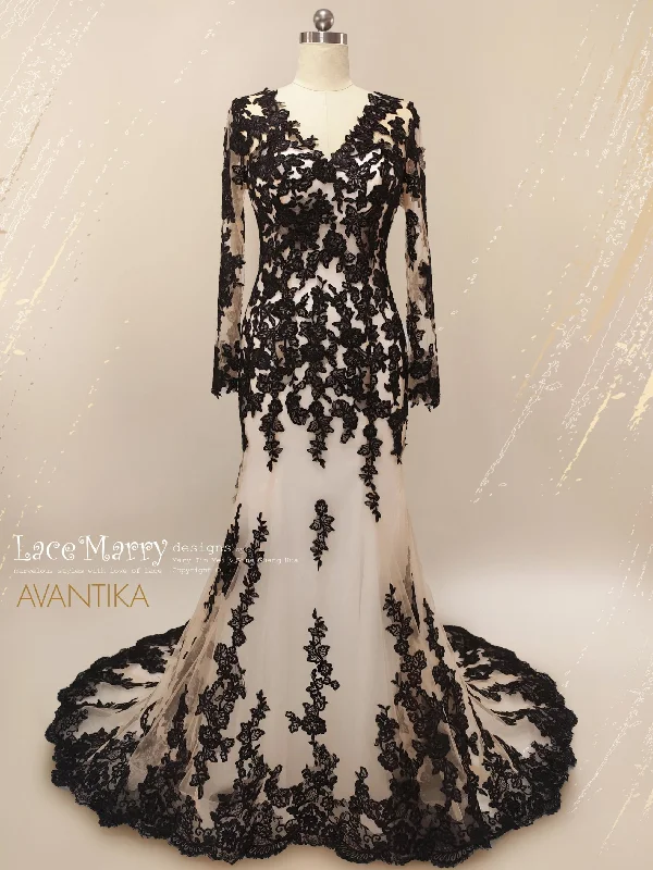 AVANTIKA / Black Wedding Dress with Nude Lining and Long Sleeves