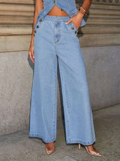 Button Decor High Rise Wide Leg Jeans