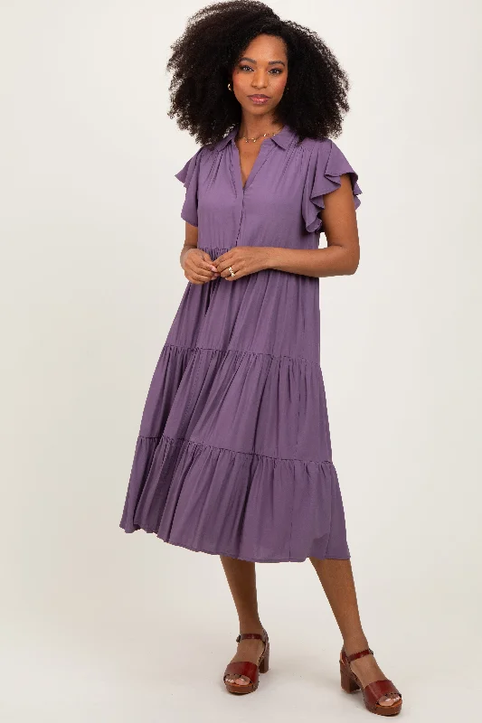 Plum Ruffle Sleeve V-Neck Tiered Midi Dress