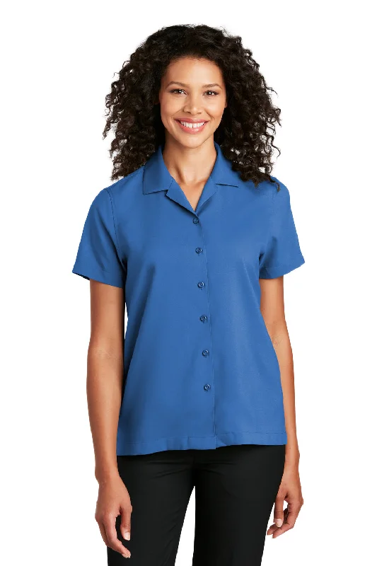 Port Authority Womens Performance Moisture Wicking Short Sleeve Button Down Camp Shirt - True Blue - Closeout