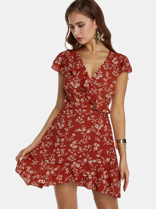 Wholesale Deep V Neck Short Sleeve Floral Print Crossed Front Lace-Up Irregular Hem Mini Dress