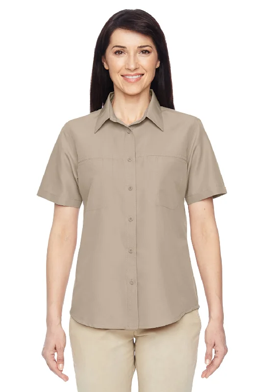 Harriton Womens Key West Performance Short Sleeve Button Down Shirt w/ Double Pockets - Khaki