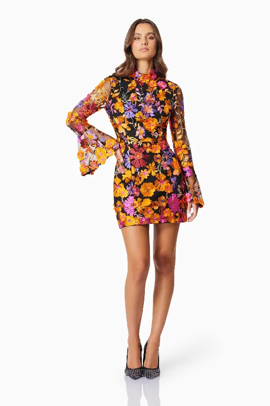 Alessandra Floral Long Sleeve Mini Dress In Orange