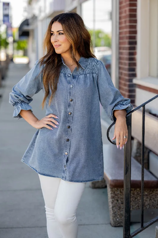 Denim Smocked Top Tunic Button Up