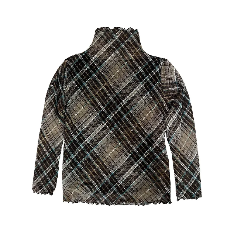 Checked-Print Mesh High Neck Top