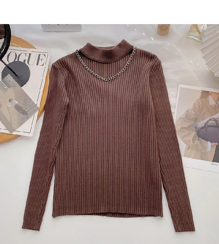 Design sense knitwear stand collar chain long sleeve top  6689