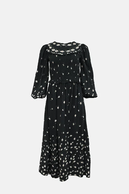 Elizabeth Print Smocked Midi Dress Black