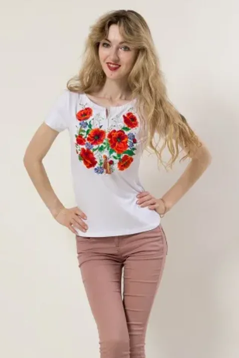 Women's short sleeve shirt with real embroidery "Blossomy". White