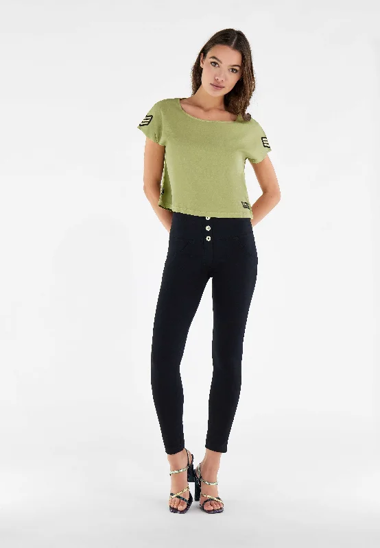 Black Cotton 3-Button Ankle Fit - High-Waisted Skinny Pants