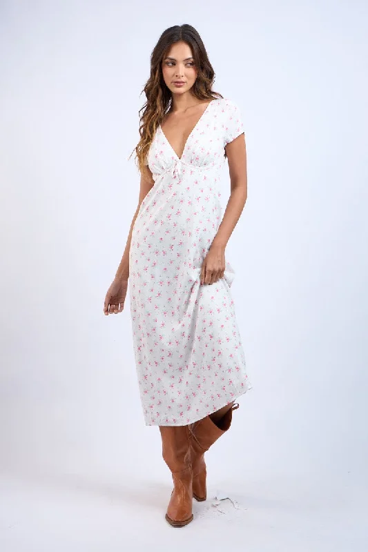 Pink Floral Pattern V-Neck Short Sleeve Long Dress