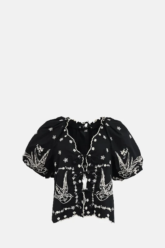 Kingsley Embroidery Tie Front Top Black