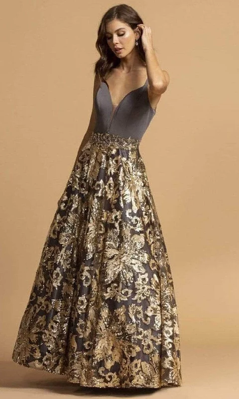 Trevi Collection - L2245 Sleeveless Gold Sequin Appliqued Dress