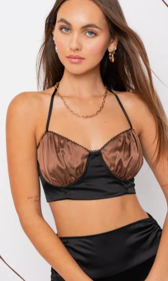 Satin Color Block Halter Crop Top