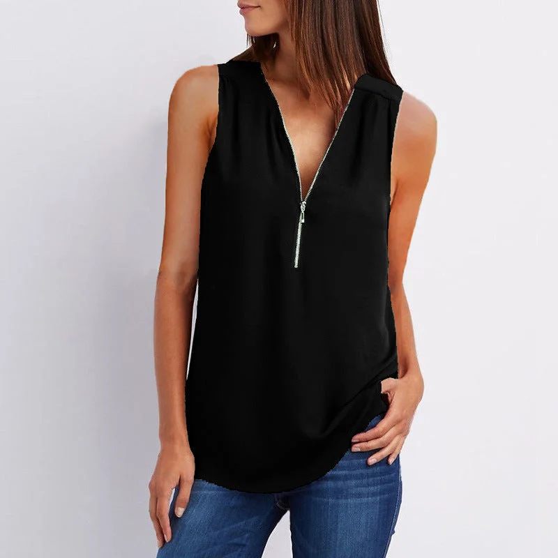 JuliaFashion - 2024 Women's V-Neck Zipper Loose Solid Tee Tops