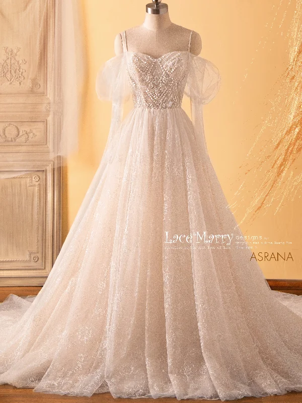 ASRANA / A Line Wedding Dress with Puff Shoulders Design