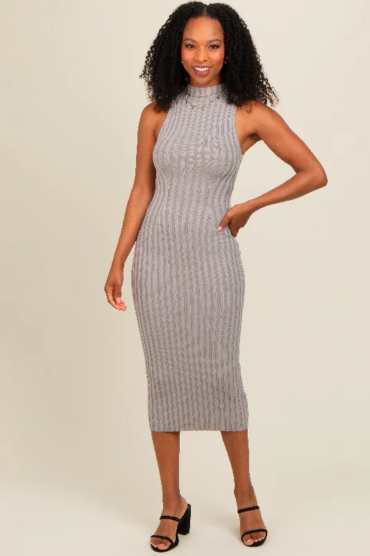 Grey Ribbed Knit Mock Neck Fitted Dress