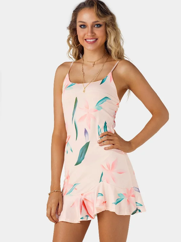 Wholesale Scoop Neck Sleeveless Floral Print Backless Flounced Hem Mini Dress