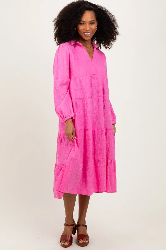 Fuchsia Light Weight Collared Tiered Midi Dress