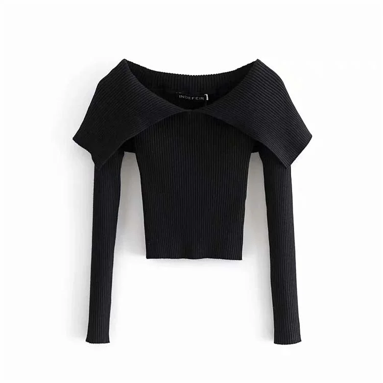 Design sense large lapel off shoulder long sleeve knit top  7151