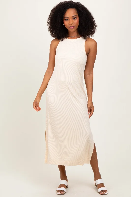 Cream Sleeveless Side Slit Midi Dress