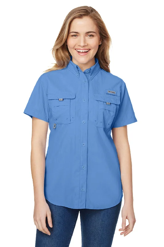 Columbia Womens Bahama Moisture Wicking Short Sleeve Button Down Shirt w/ Double Pockets - White Cap Blue - Closeout