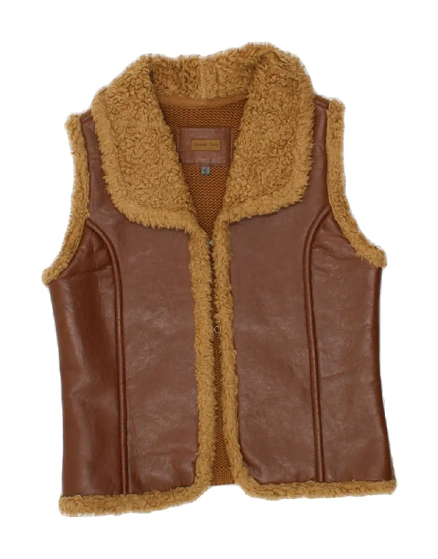 STREET ONE Womens Faux Leather Gilet UK 12 Medium Brown Acrylic