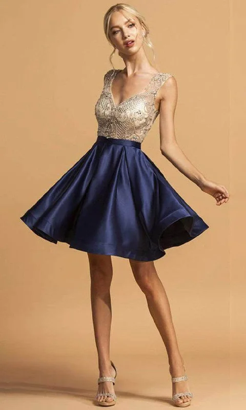 Trevi Collection - S2124 Cap Sleeve Bejeweled Satin Dress