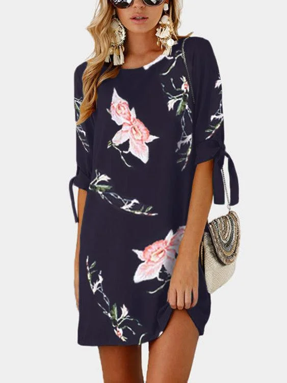 Wholesale Round Neck Floral Print Half Sleeve Self-Tie Mini Dress