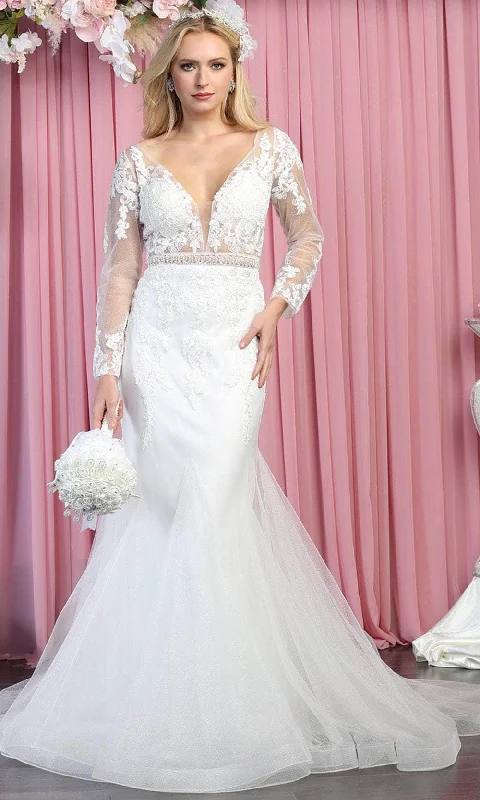 May Queen RQ7892 - Long sleeves Deep V-neck Wedding Gown