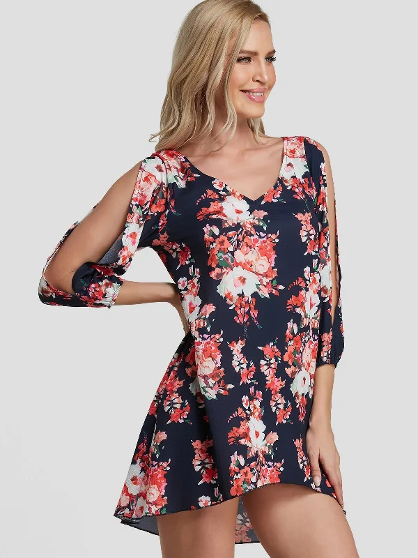 Wholesale V-Neck Cold Shoulder 3/4 Sleeve Length Floral Print Cut Out High-Low Hem Mini Dress