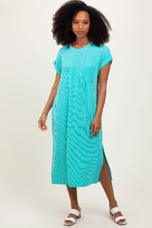 Mint Ribbed Short Sleeve Front Pocket Midi Dress