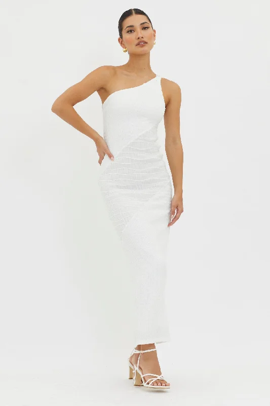 Clean Slate One-Shoulder Smocked Midi Dress White