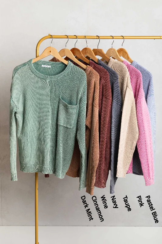 Washed Waffle Knit Sweater With Pocket