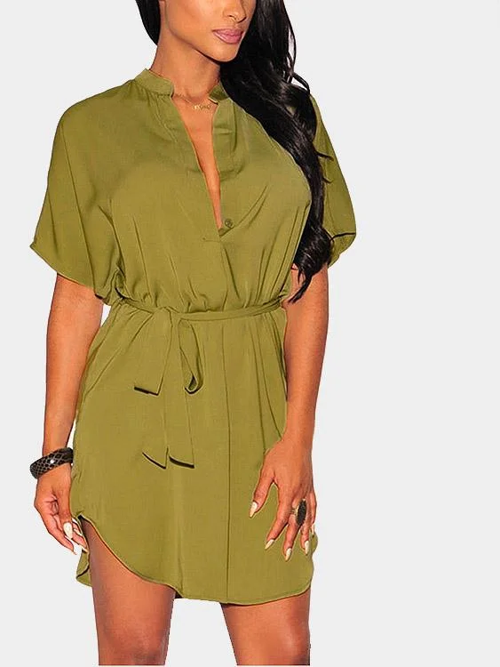 Wholesale Dark Green V-Neck Curved Hem Mini Dress