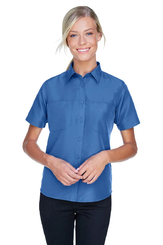 Harriton Womens Key West Performance Short Sleeve Button Down Shirt w/ Double Pockets - Pool Blue