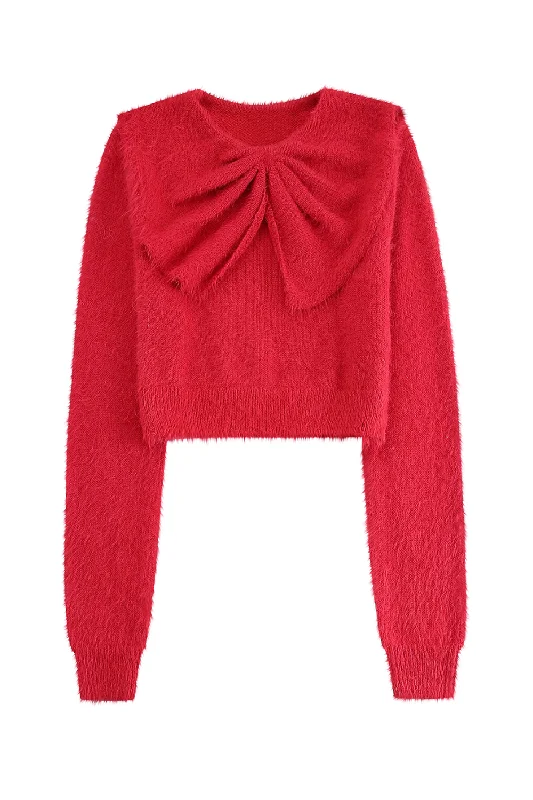 'Velma' Bow Long Sleeved Knitted Short Sweater (2 Colors)