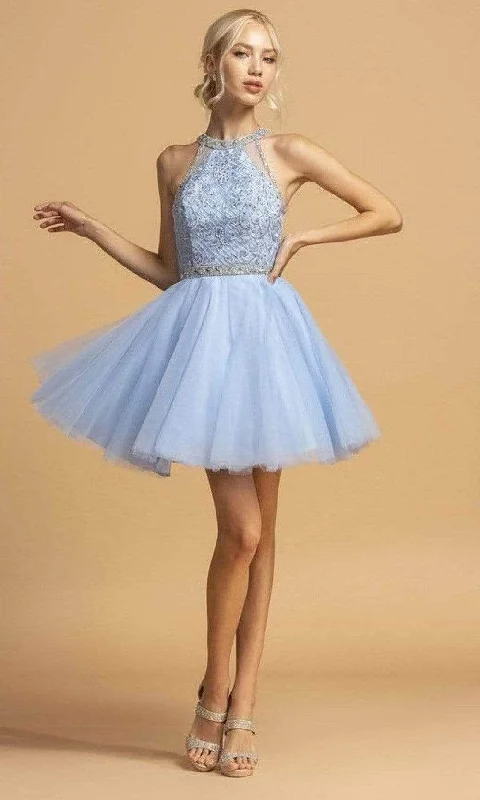 Trevi Collection - S2095 Beaded Halter Tulle Dress