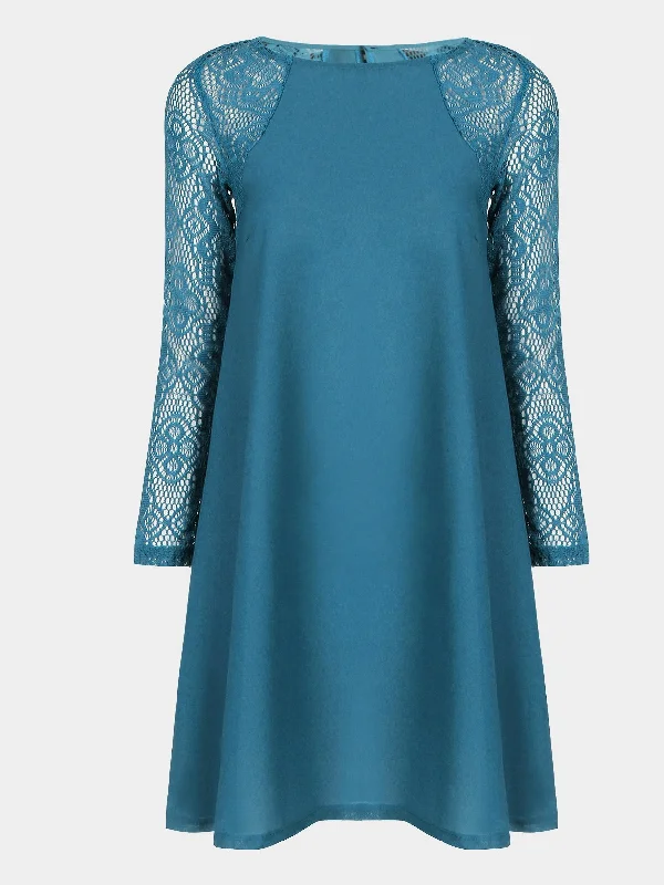 Wholesale Dark Blue Round Neck Long Sleeve Lace Mini Dress