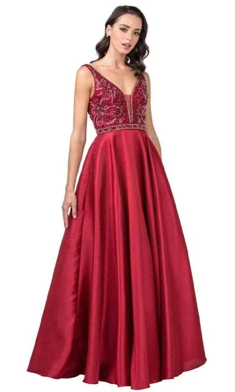 Trevi Collection - L2183 Beaded V-Neck Satin A-Line Dress