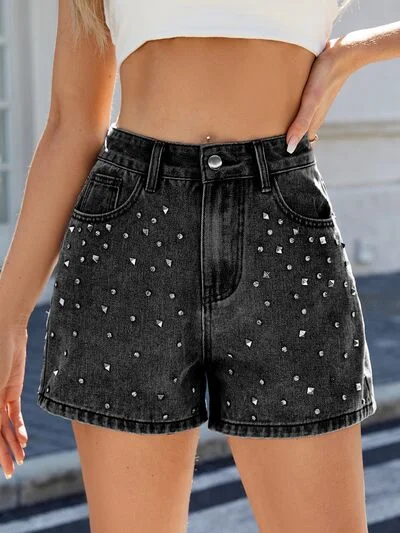 Rhinestone Washed High Waist Denim Shorts