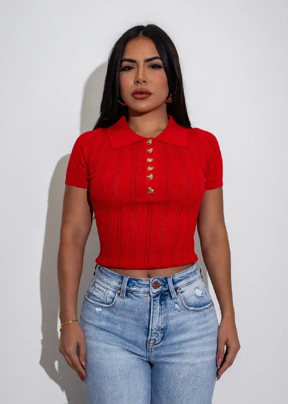 Elegant Essentials Knit Polo Long Top Red