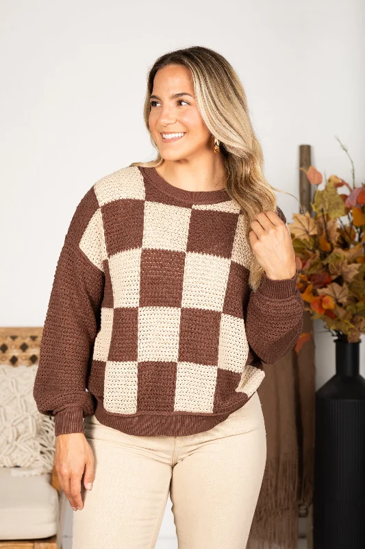 Brown Checkered Crochet Knit Sweater