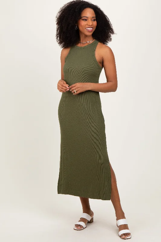 Olive Sleeveless Side Slit Midi Dress