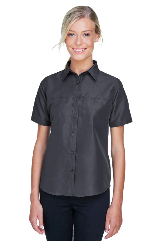 Harriton Womens Key West Performance Short Sleeve Button Down Shirt w/ Double Pockets - Dark Charcoal Grey